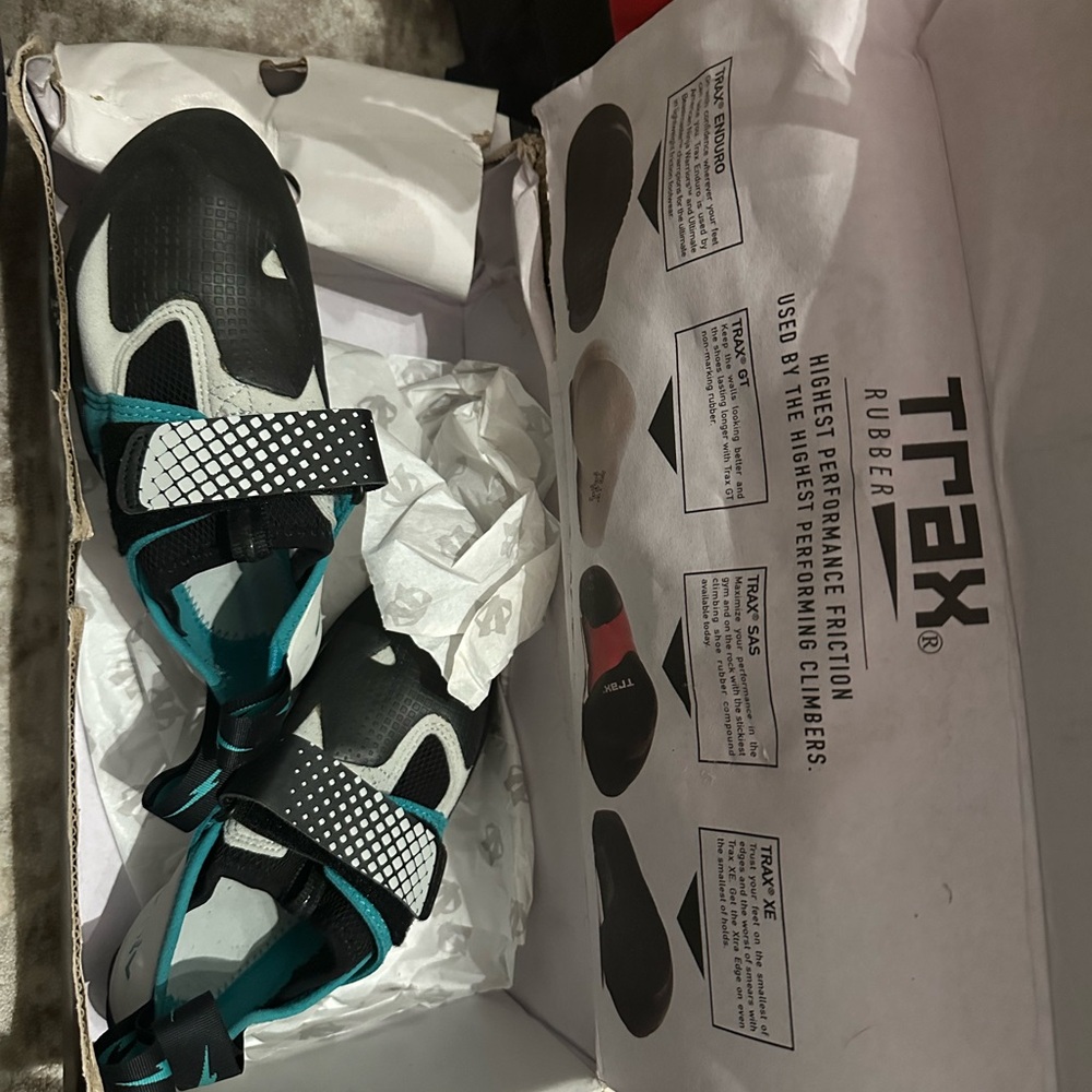 Trax Climbing Shoes with Black and Teal Accents